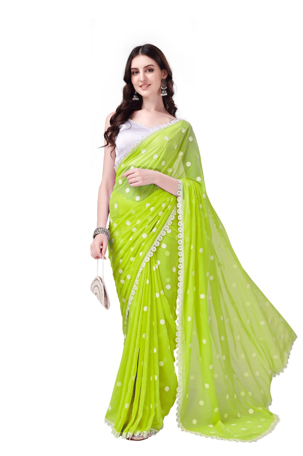 Women's Designer Georgette Saree with Embroidery Lace Border and Unstitched Blouse Piece