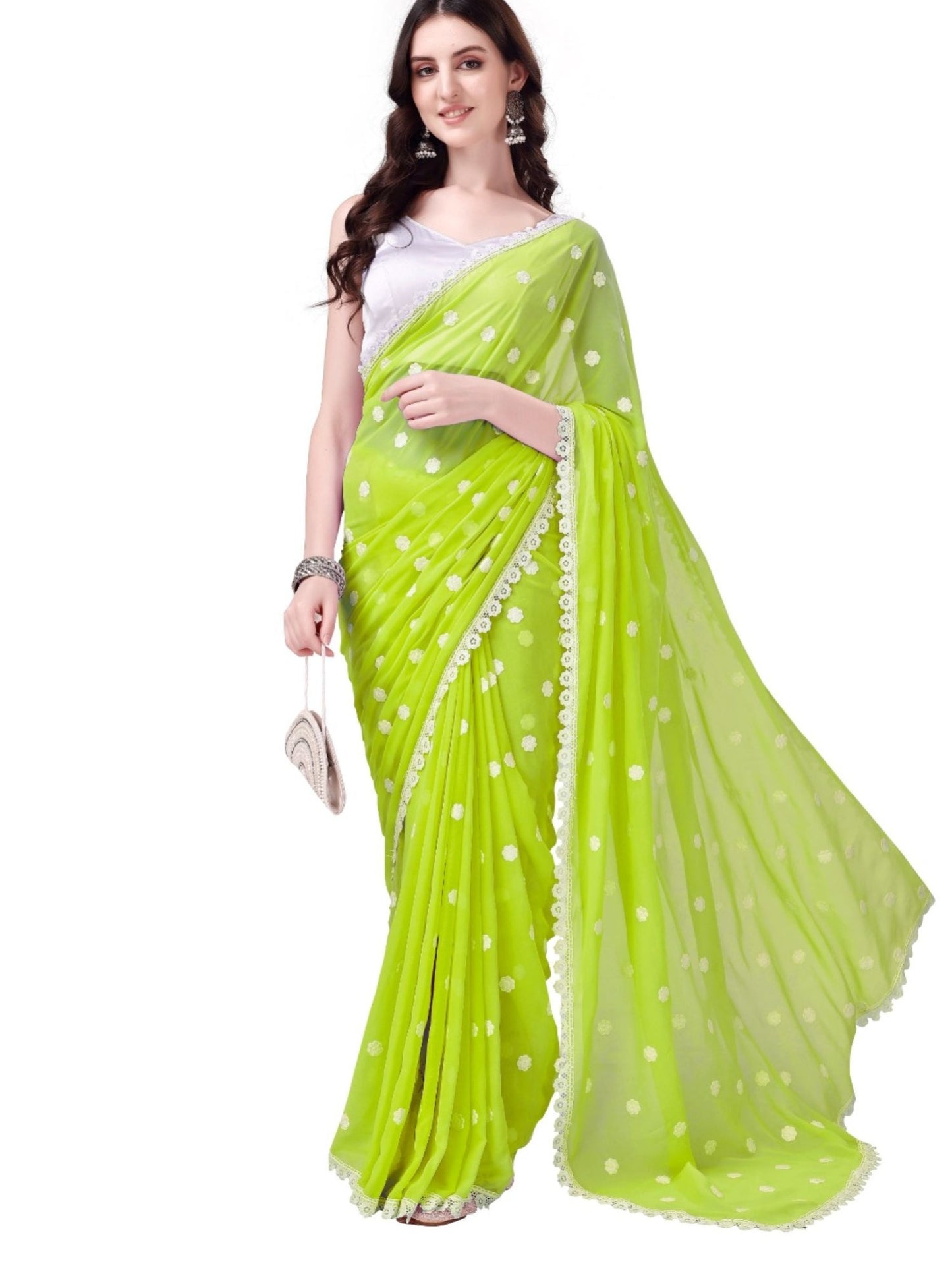 Women's Designer Georgette Saree with Embroidery Lace Border and Unstitched Blouse Piece