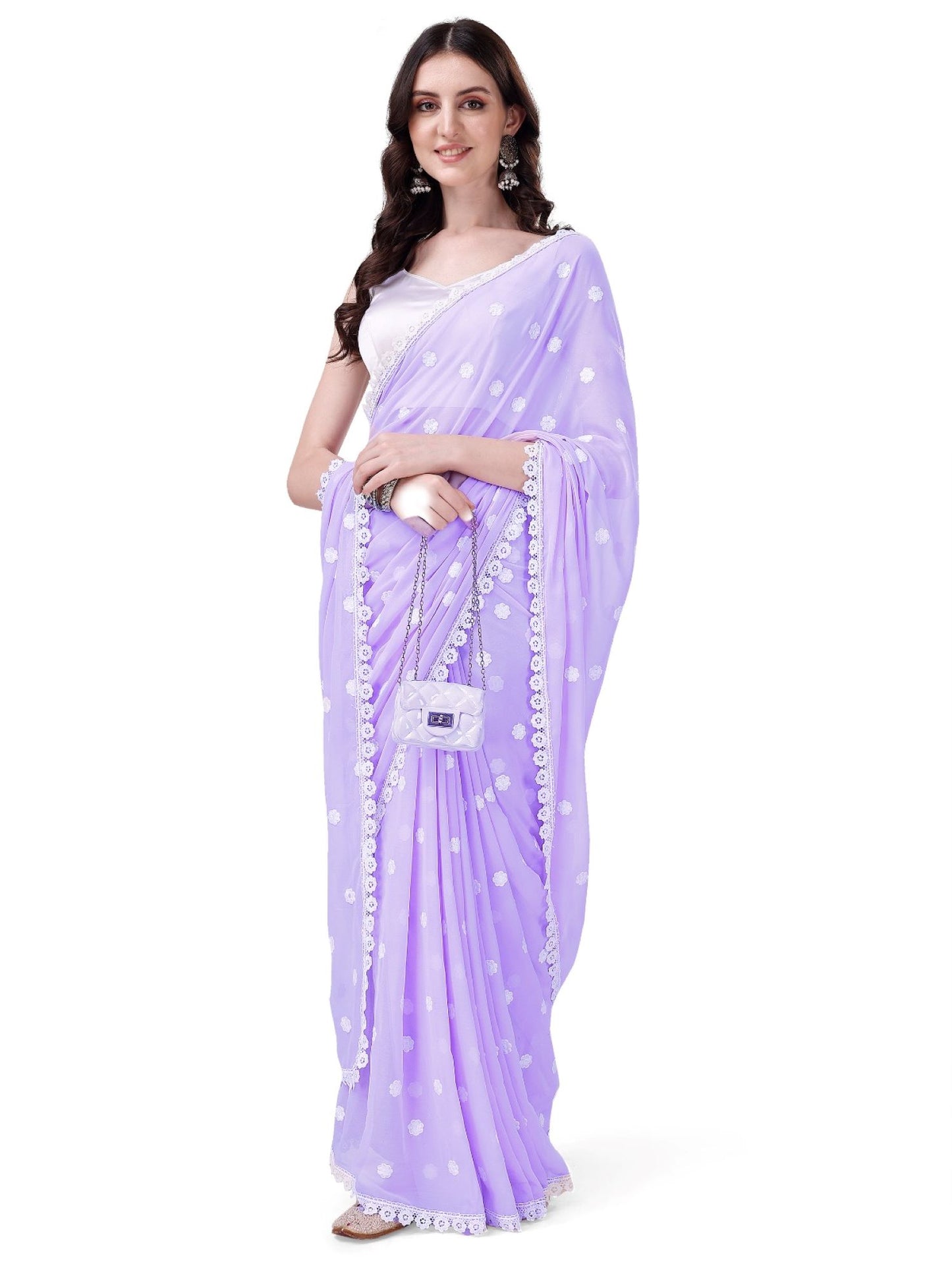 Women's Designer Georgette Saree with Embroidery Lace Border and Unstitched Blouse Piece