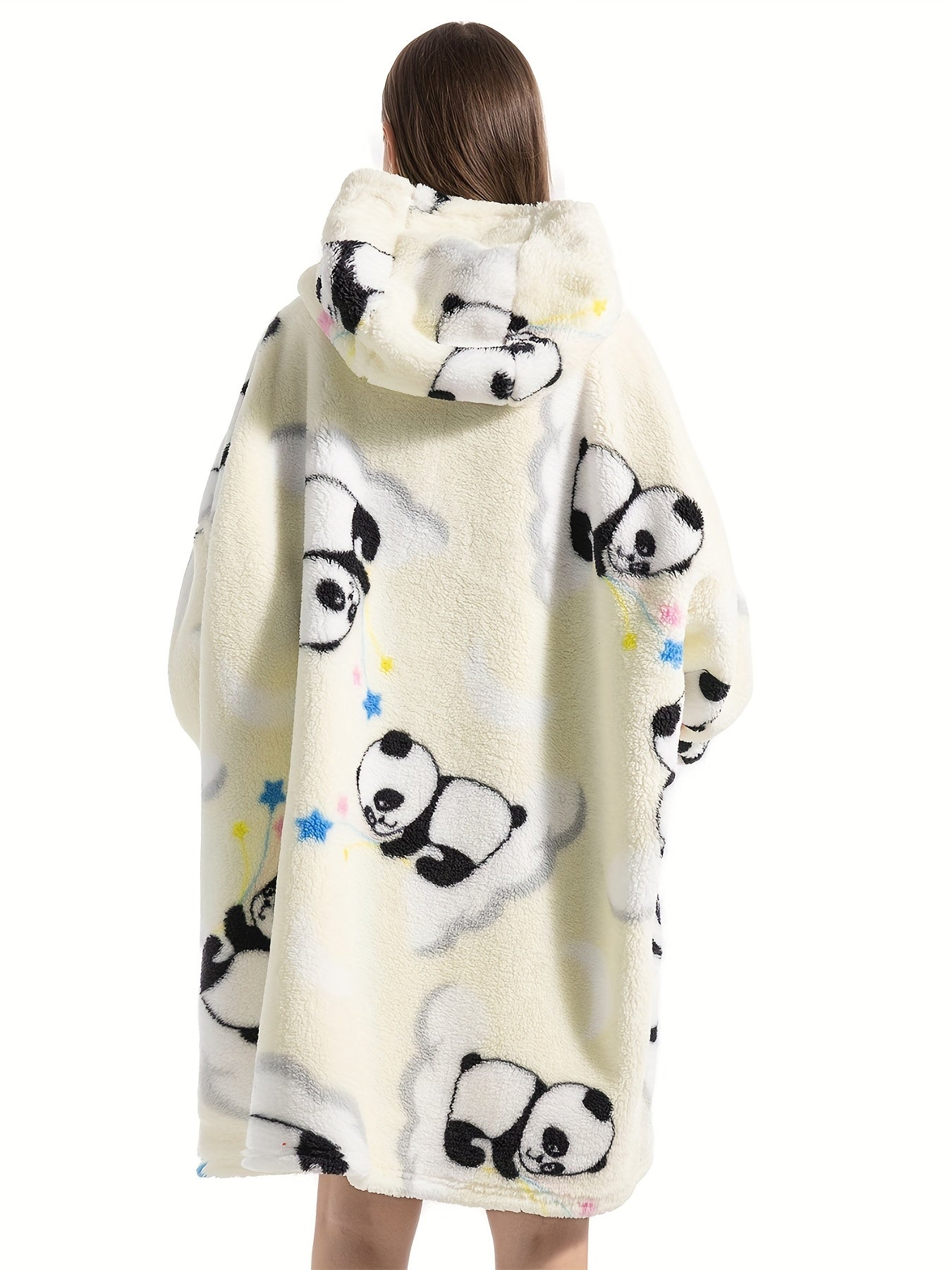 Women's Plus Size Panda Flannel Robe - Oversized Hooded Wearable Blanket, Fleece Lined with Pockets for All-Season Comfort