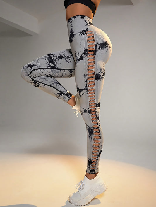 Tie-Dye Yoga Leggings with Side Cut-Out for Fitness and Gym