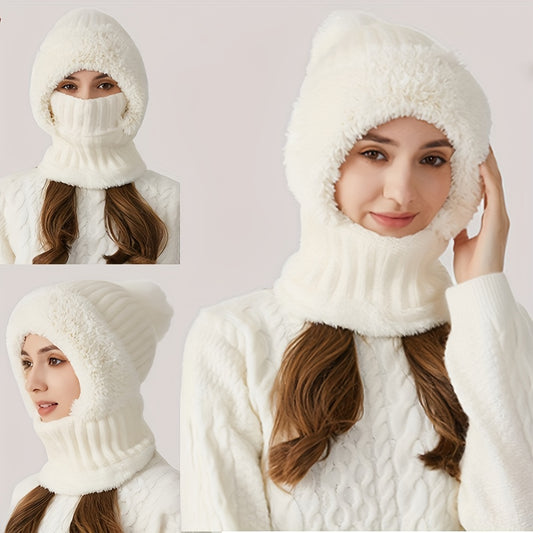 3-in-1 Winter Knit Hat with Lining & Ear Flaps – Windproof Scarf and Mask Set for Cycling