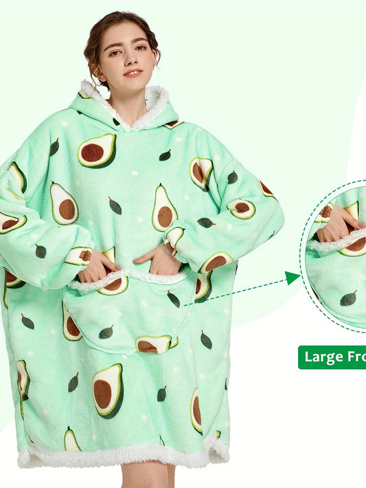 Avocado Pattern Oversized Wearable Blanket Hoodie Sweatshirt – Cozy Fleece Pullover with Large Front Pocket