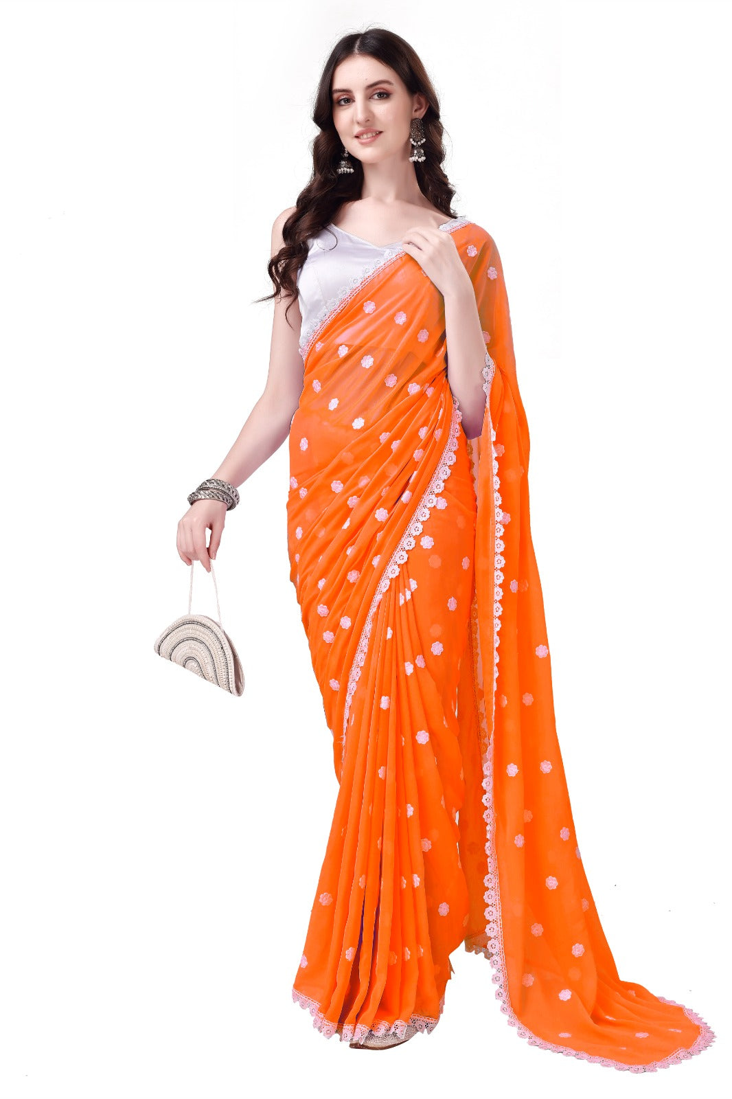 Women's Designer Georgette Saree with Embroidery Lace Border and Unstitched Blouse Piece