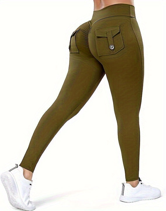 Women's High Waist Gym Cargo Leggings with Pockets - Sports Workout Yoga Pants for Running, Pilates, and Fitness