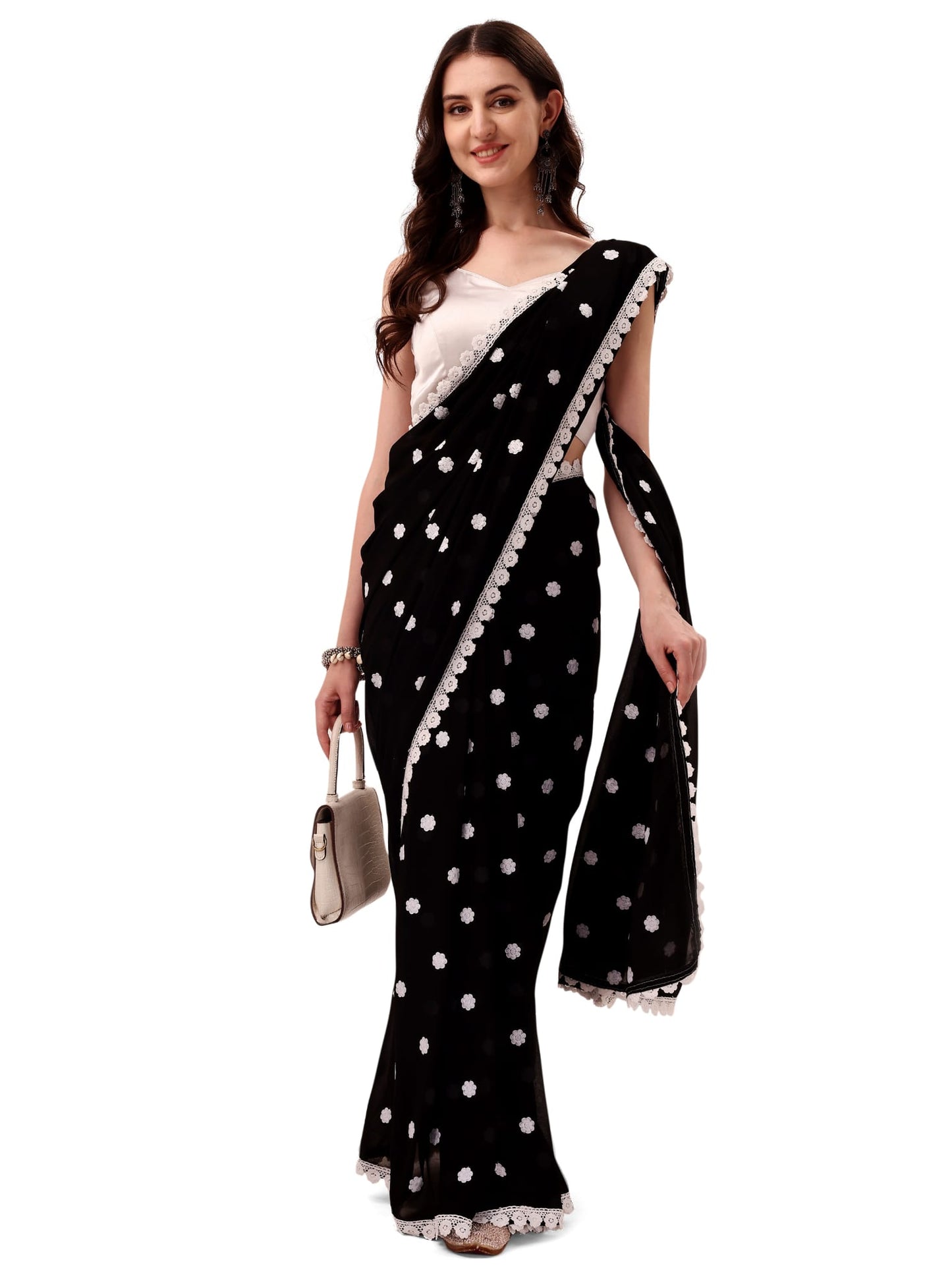 Women's Designer Georgette Saree with Embroidery Lace Border and Unstitched Blouse Piece