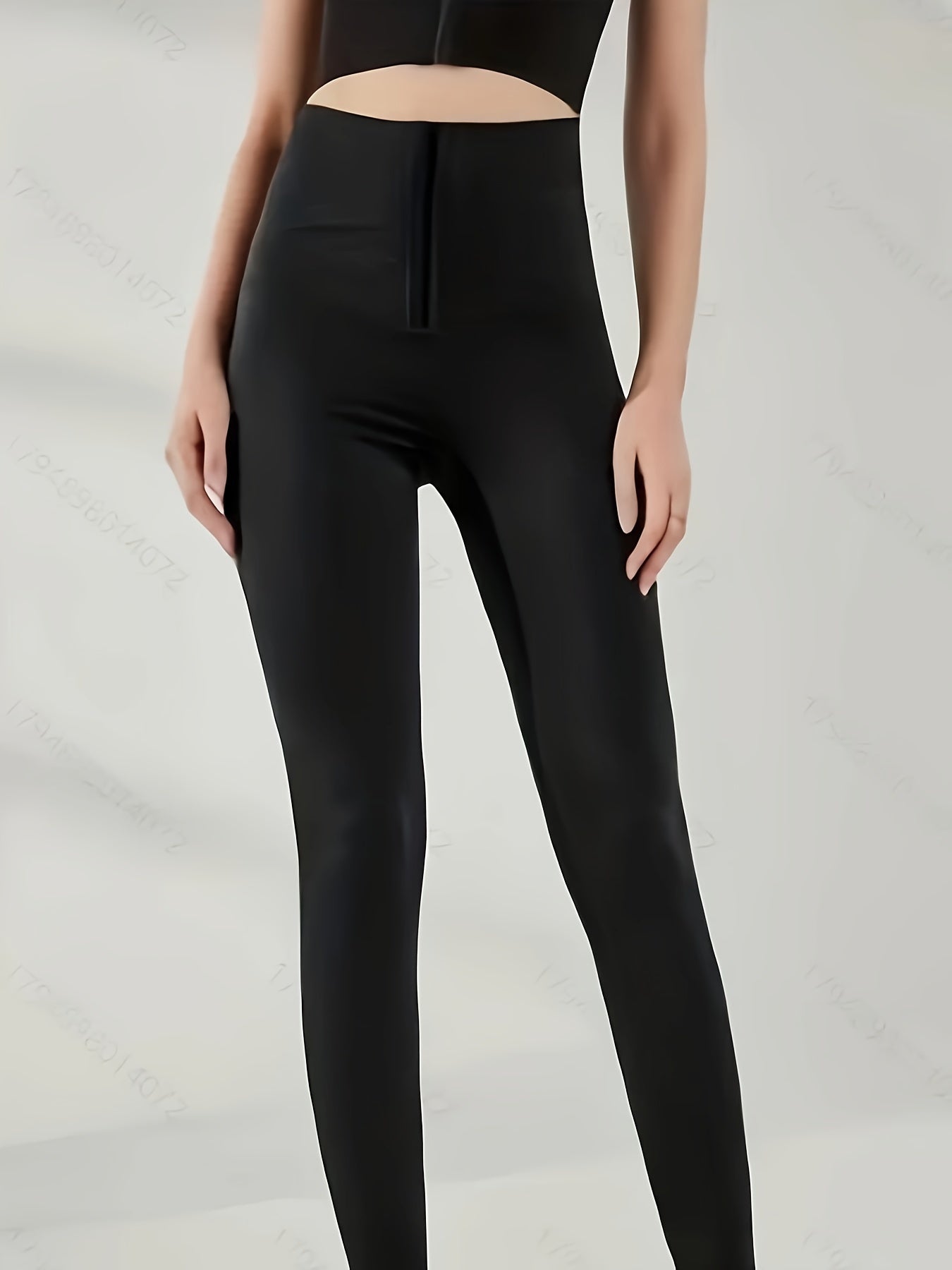 High Waist Sculpting Tummy Control Leggings for Women - Zipper & Button Front Design, Solid Color, Cropped Fit