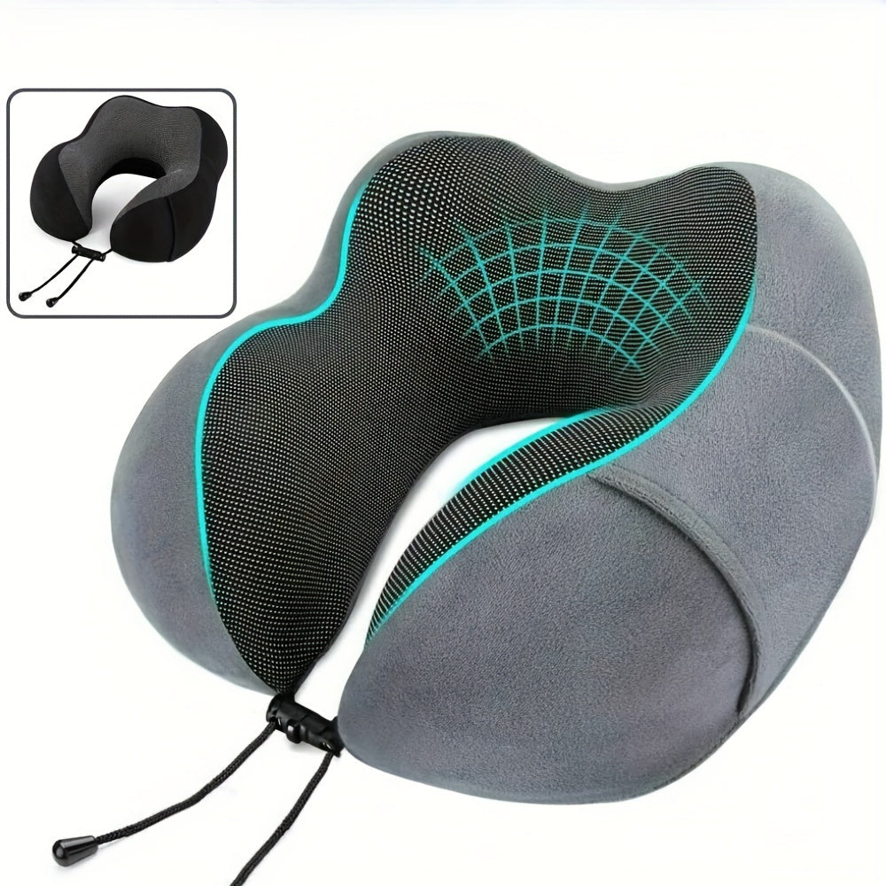 Memory Foam U-Shaped Travel Neck Pillow – Soft Headrest Cushion for Airplane, Car, Train, Adjustable Drawstring, Breathable Removable Cover