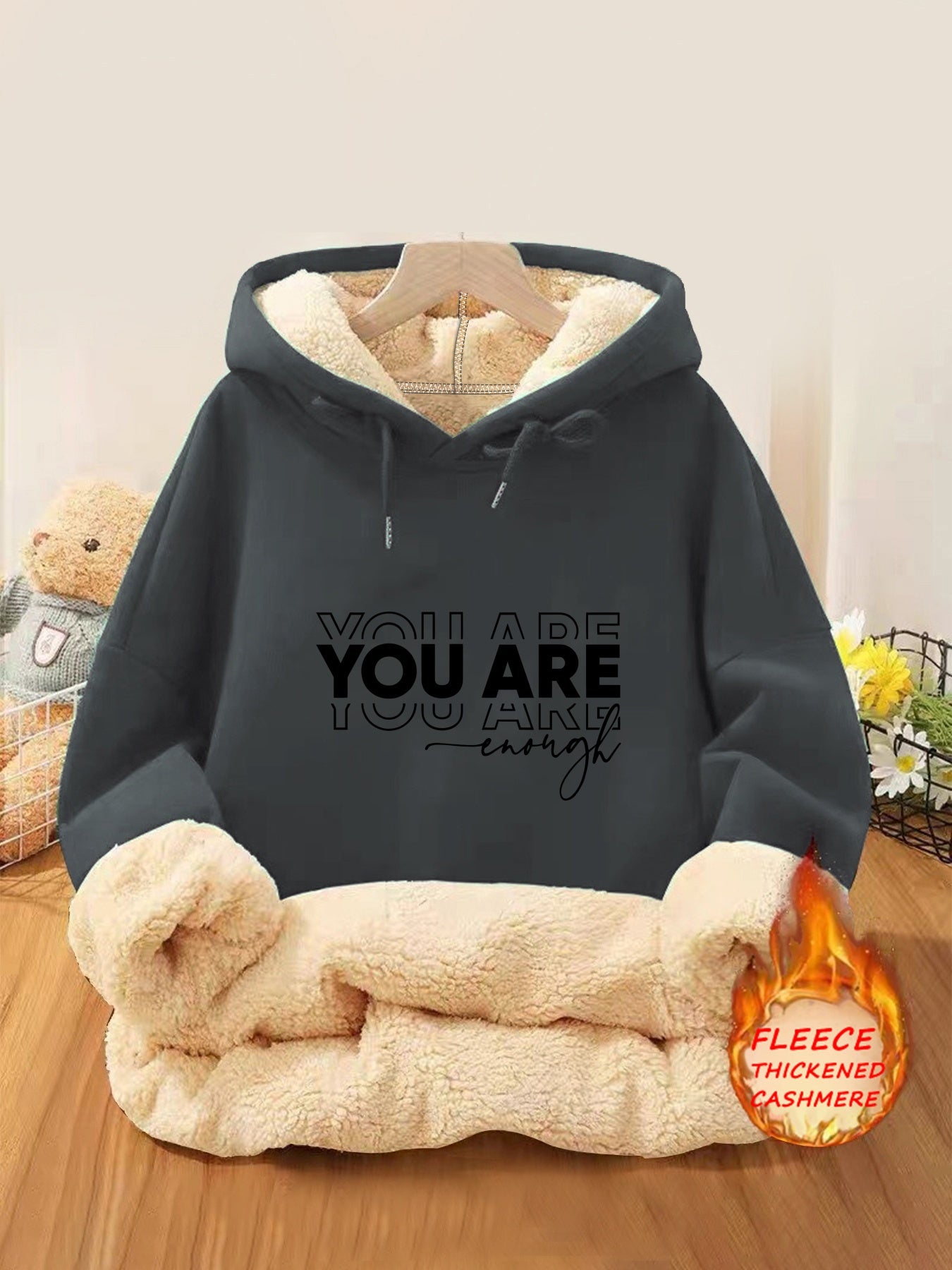 Women's Fleece-Lined Hoodie with Letter Print - Casual Pullover Sweatshirt with Kangaroo Pocket, Perfect for Fall & Winter