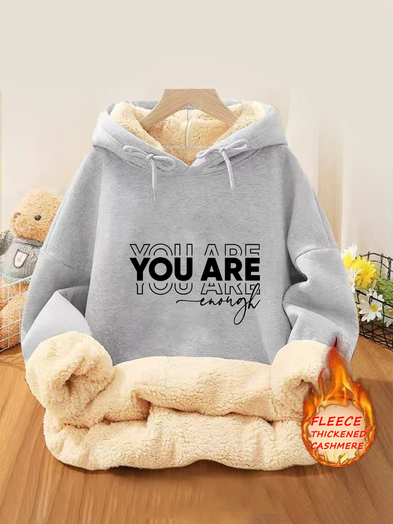 Women's Fleece-Lined Hoodie with Letter Print - Casual Pullover Sweatshirt with Kangaroo Pocket, Perfect for Fall & Winter