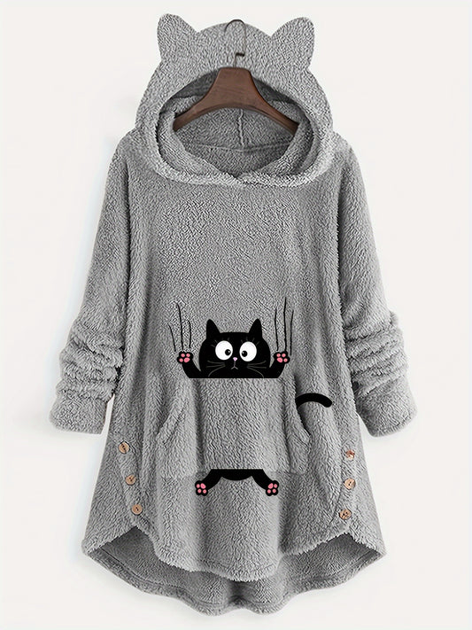 Women's Hoodie with Cartoon Cat Print - Long Sleeve Thermal Pullover Sweatshirt, Winter Casual Wear