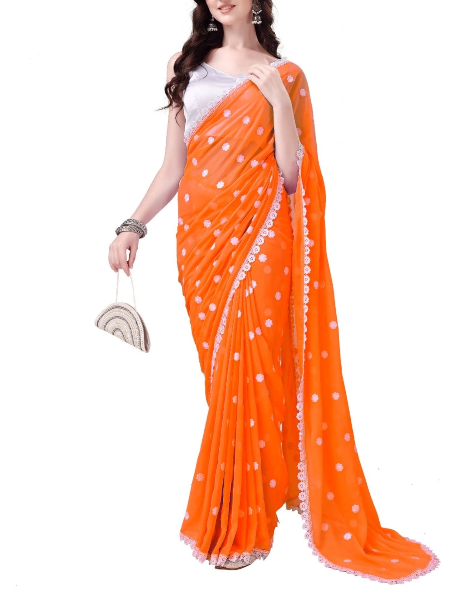 Women's Designer Georgette Saree with Embroidery Lace Border and Unstitched Blouse Piece