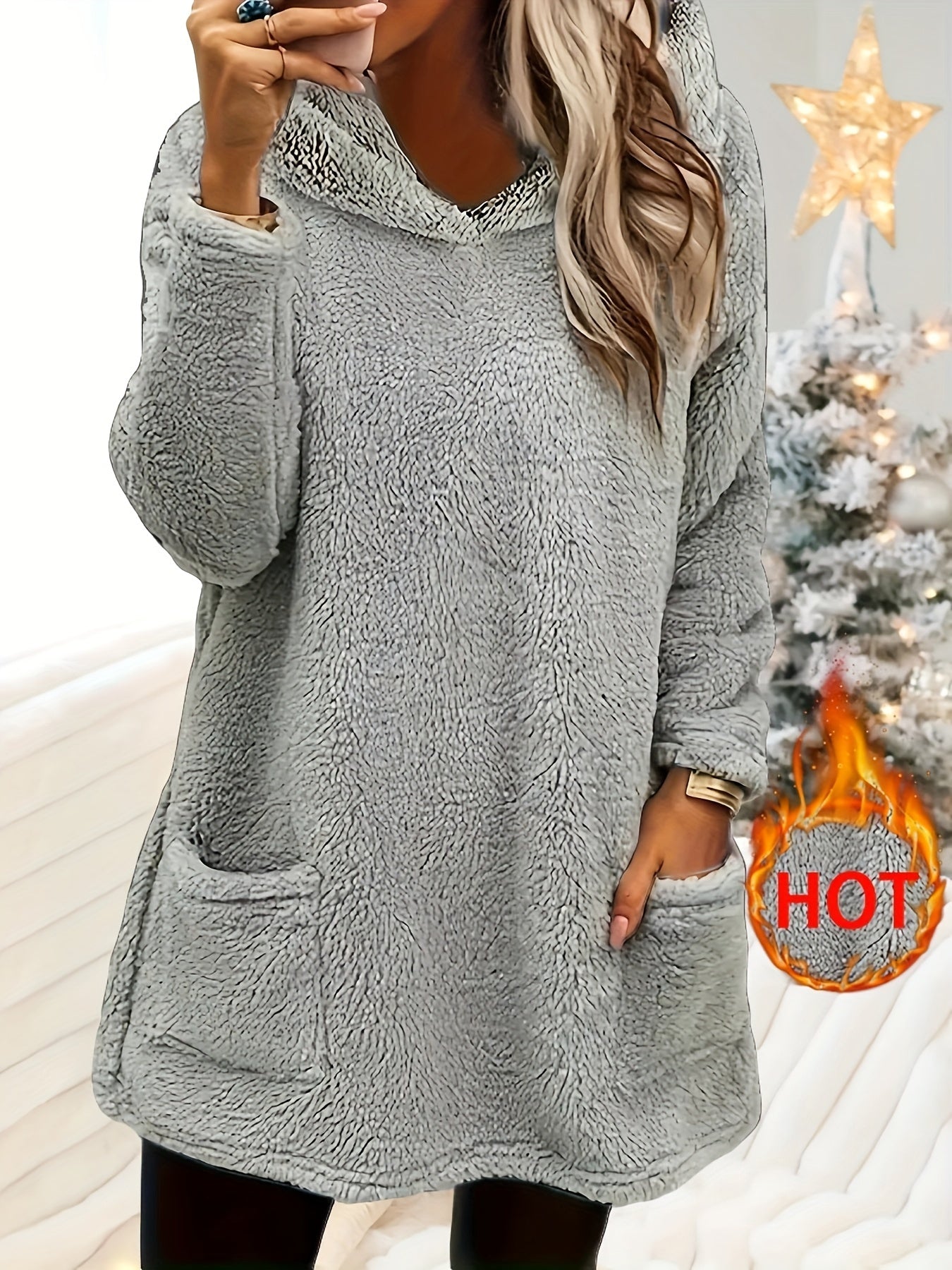 Women's Fleece Hooded Sweatshirt with Pockets – Cozy Casual Lounge Dress Robe for Fall/Winter