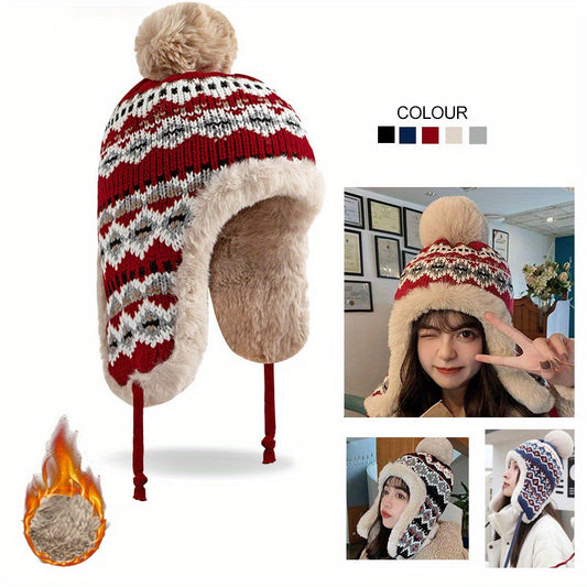 Women’s Winter Knitted Bobble Hat with Ear Flaps – Warm Beanie Trapper Cap