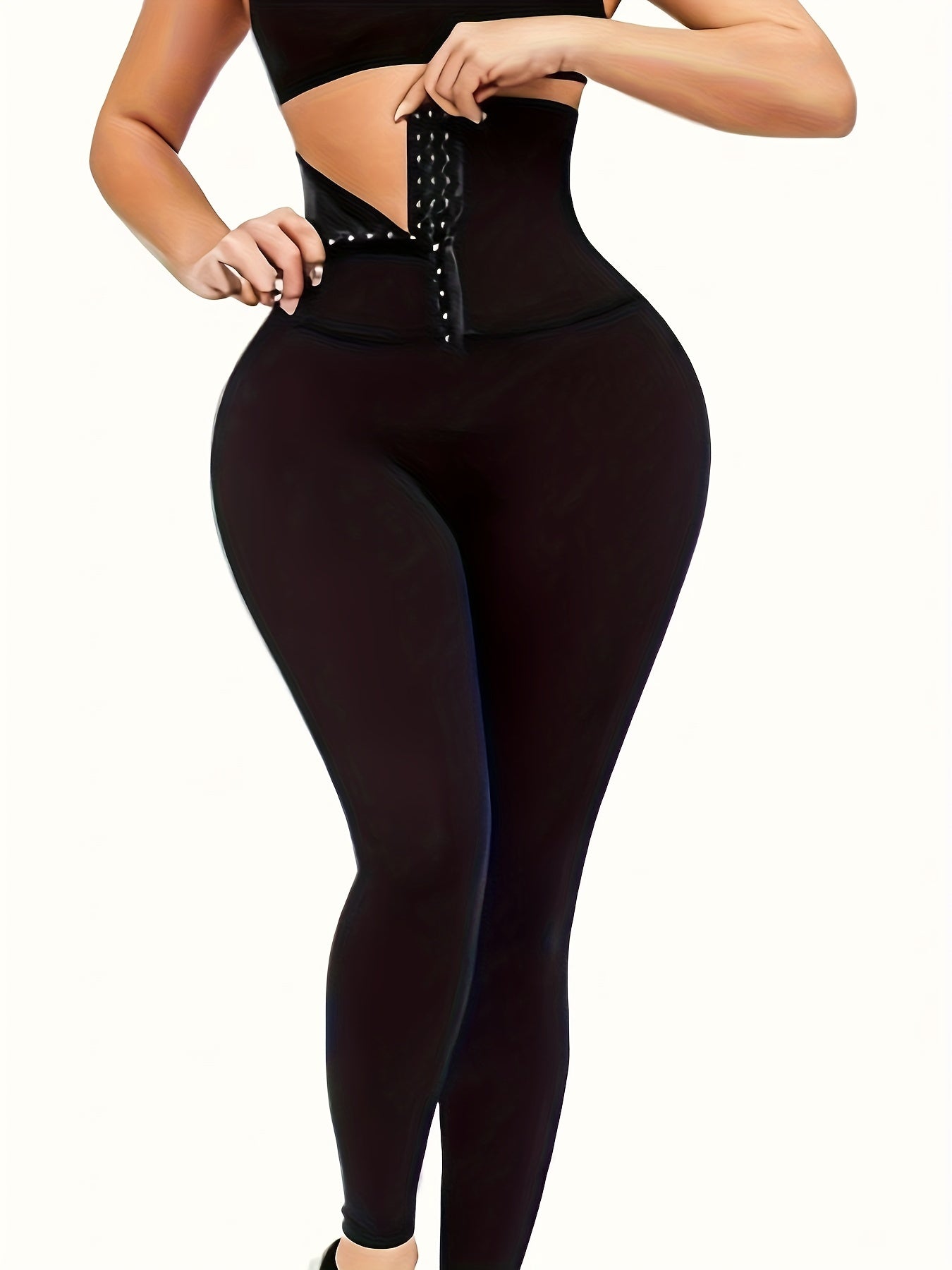 High Waist Sculpting Tummy Control Leggings for Women - Zipper & Button Front Design, Solid Color, Cropped Fit