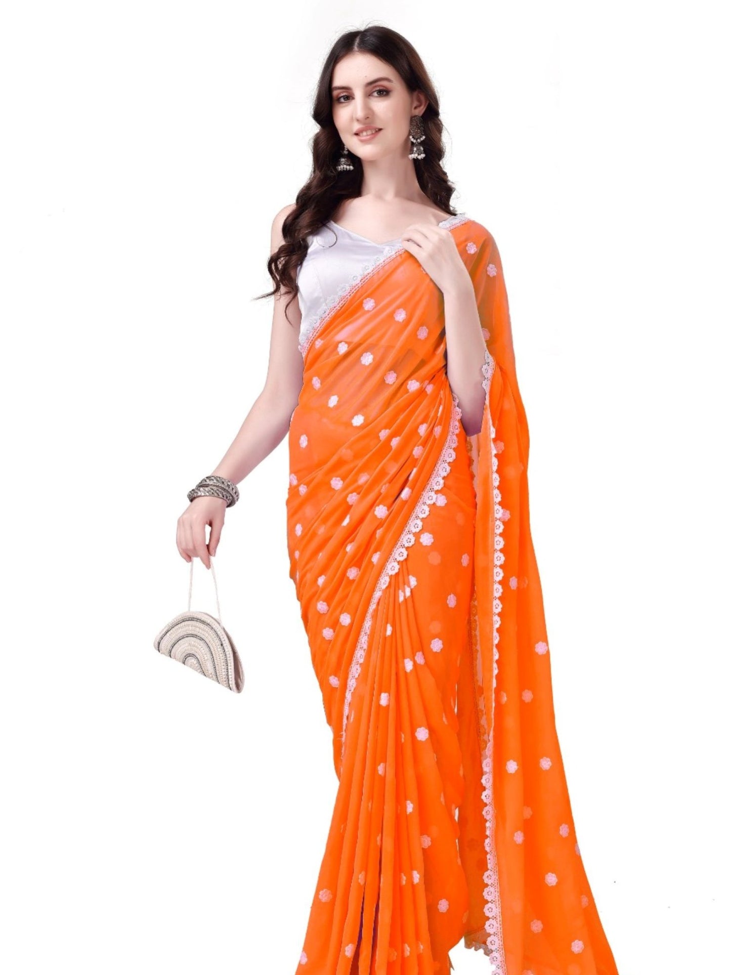 Women's Designer Georgette Saree with Embroidery Lace Border and Unstitched Blouse Piece