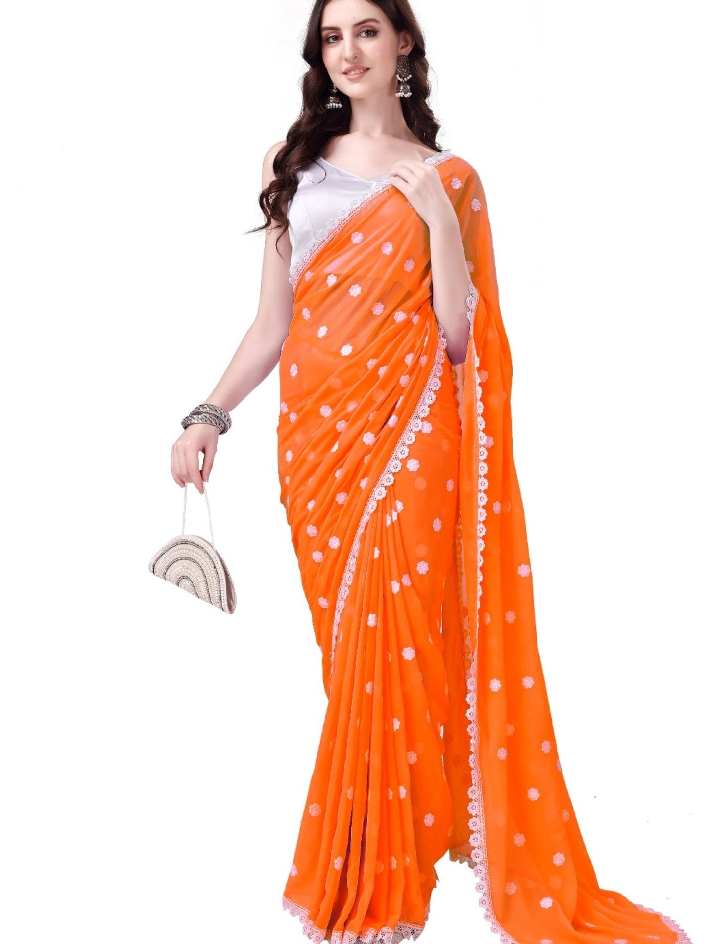 Women's Designer Georgette Saree with Embroidery Lace Border and Unstitched Blouse Piece