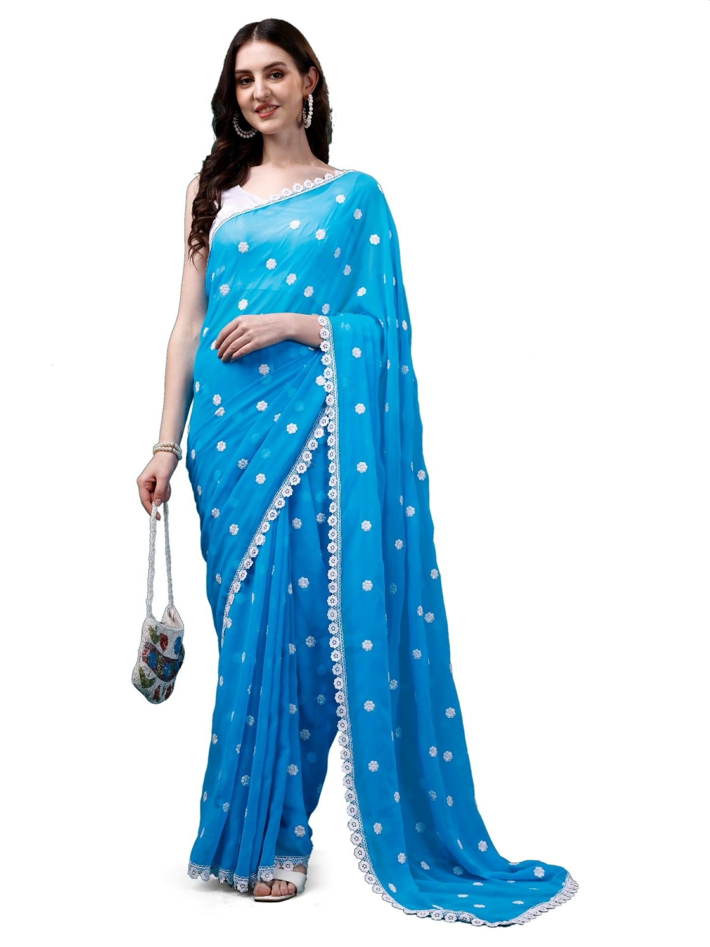 Women's Designer Georgette Saree with Embroidery Lace Border and Unstitched Blouse Piece