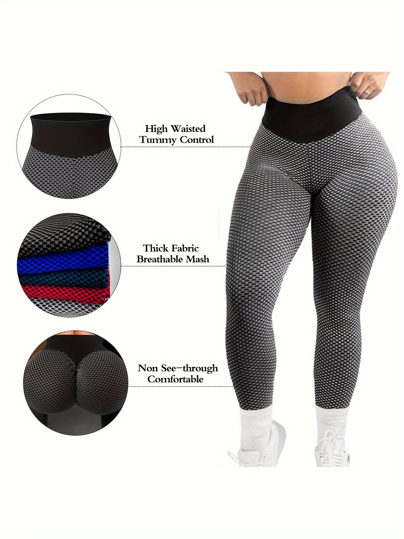 Gym Leggings for Women, Tummy Control Textured Yoga Pants, Cropped Fitness Tights