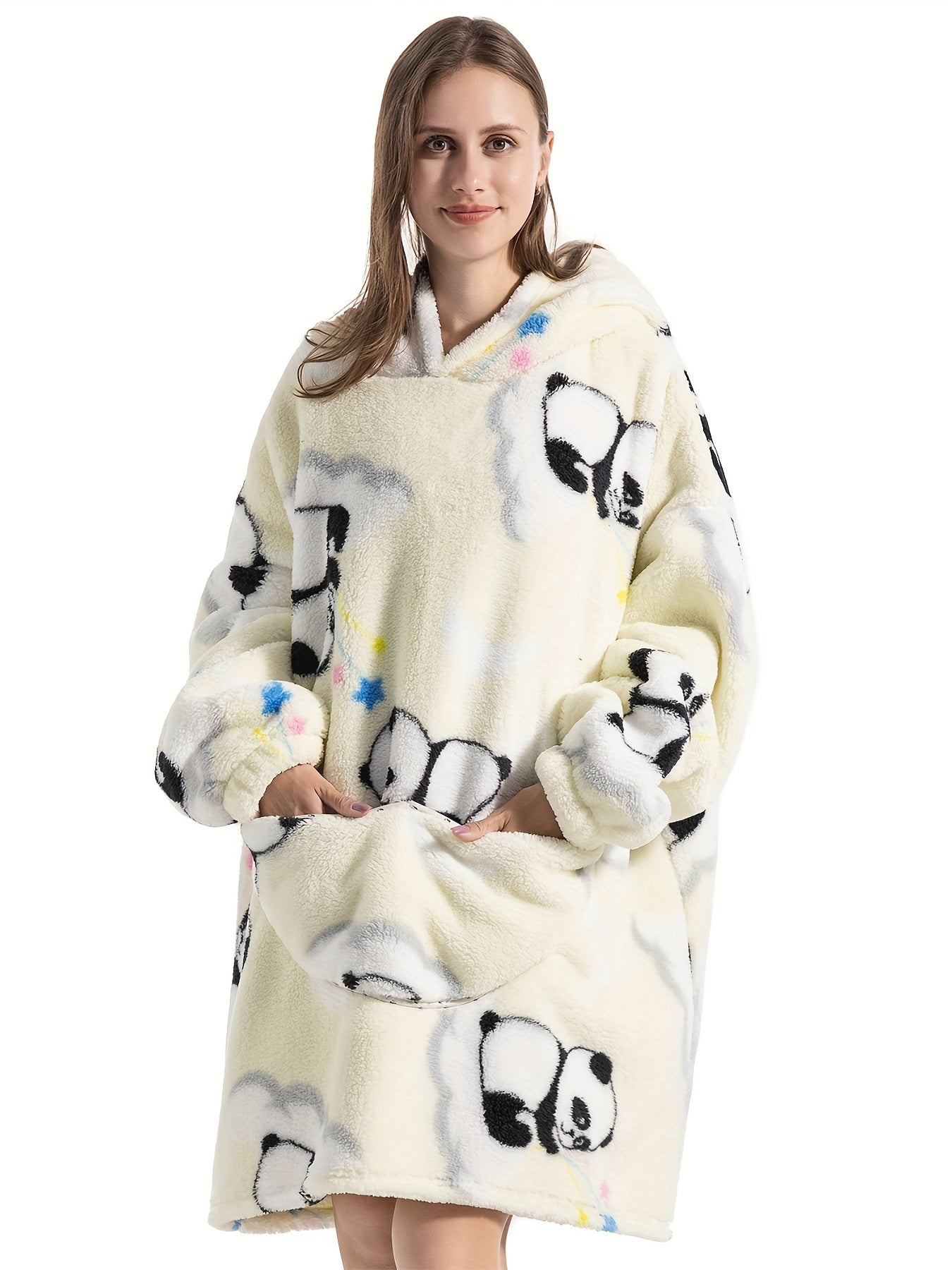 Women's Plus Size Panda Flannel Robe - Oversized Hooded Wearable Blanket, Fleece Lined with Pockets for All-Season Comfort