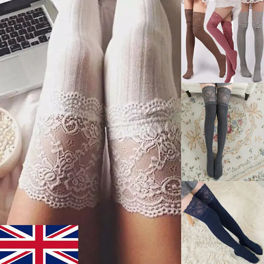 Women’s Lace Thigh-High Over-the-Knee Socks – Knitted Long Warm Stockings