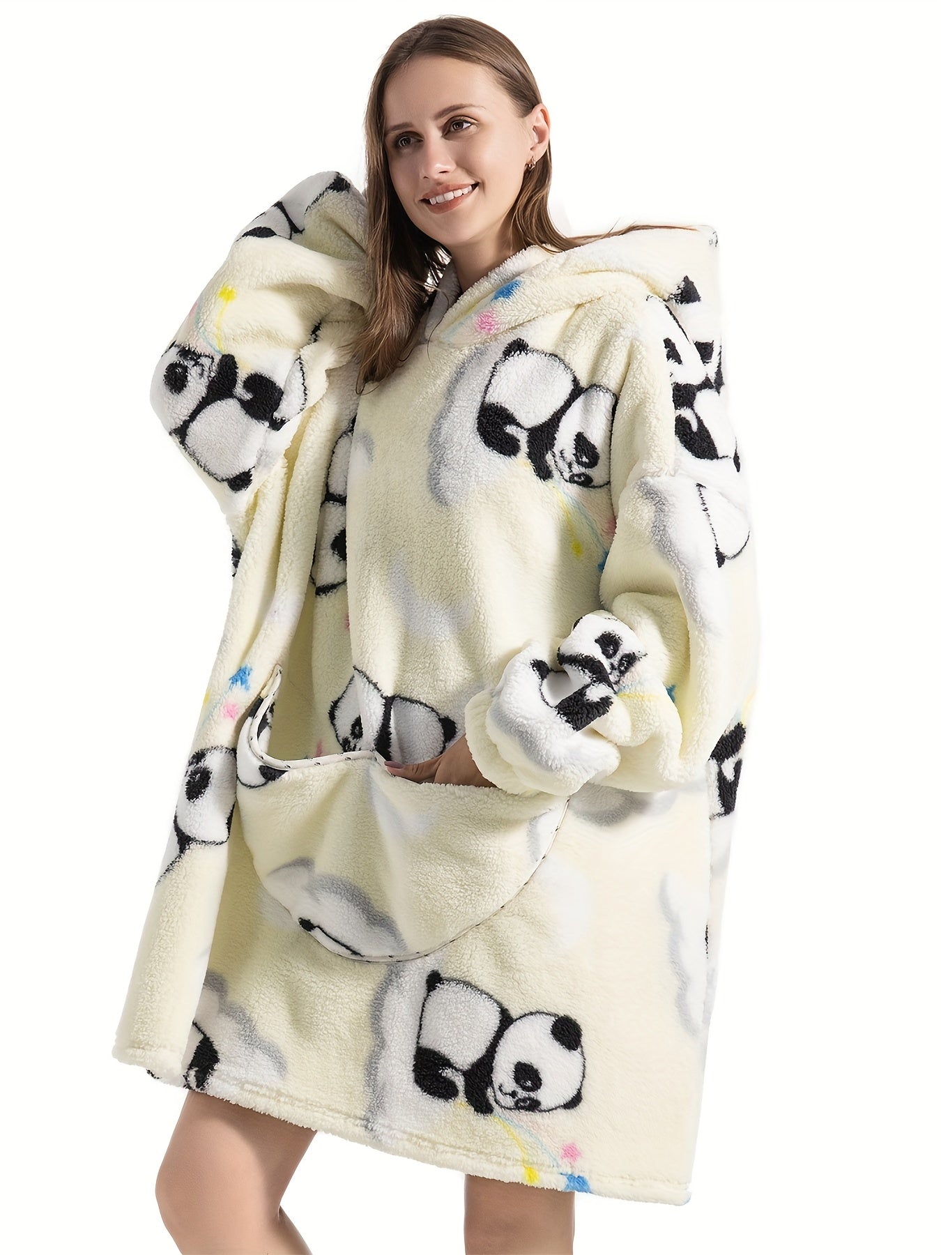 Women's Plus Size Panda Flannel Robe - Oversized Hooded Wearable Blanket, Fleece Lined with Pockets for All-Season Comfort