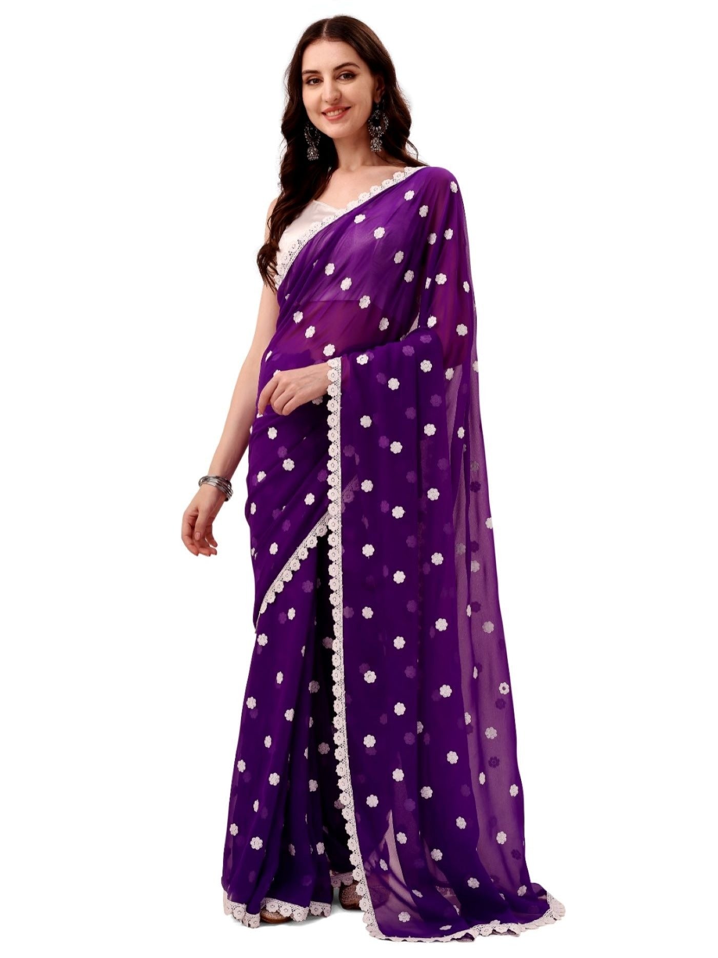 Women's Designer Georgette Saree with Embroidery Lace Border and Unstitched Blouse Piece