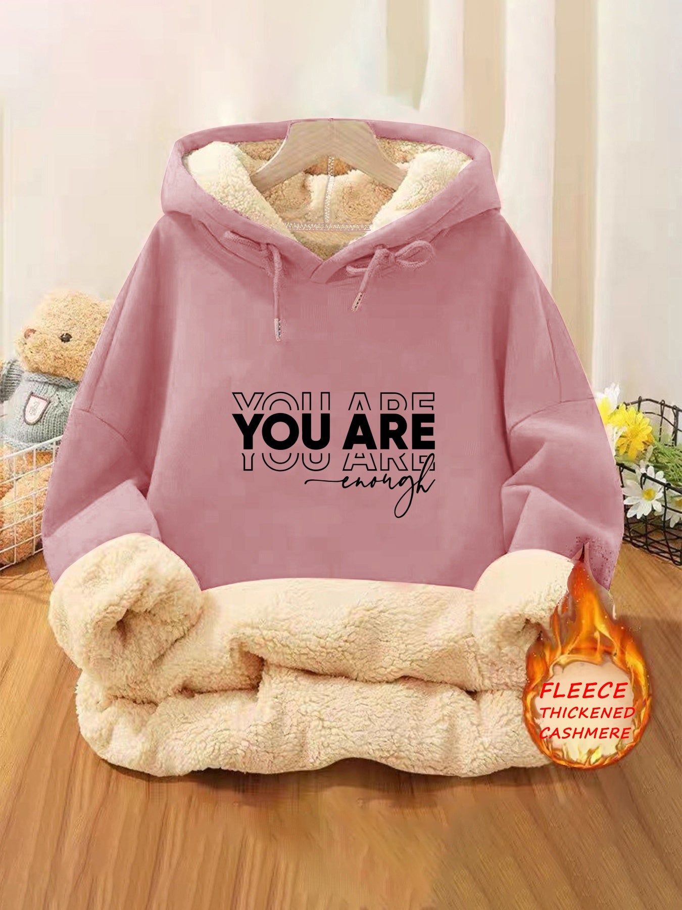 Women's Fleece-Lined Hoodie with Letter Print - Casual Pullover Sweatshirt with Kangaroo Pocket, Perfect for Fall & Winter