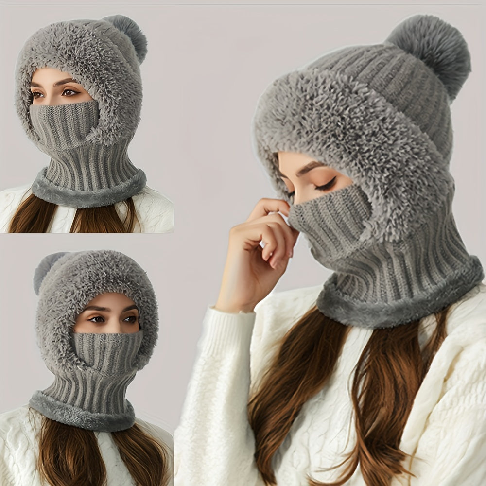 3-in-1 Winter Knit Hat with Lining & Ear Flaps – Windproof Scarf and Mask Set for Cycling