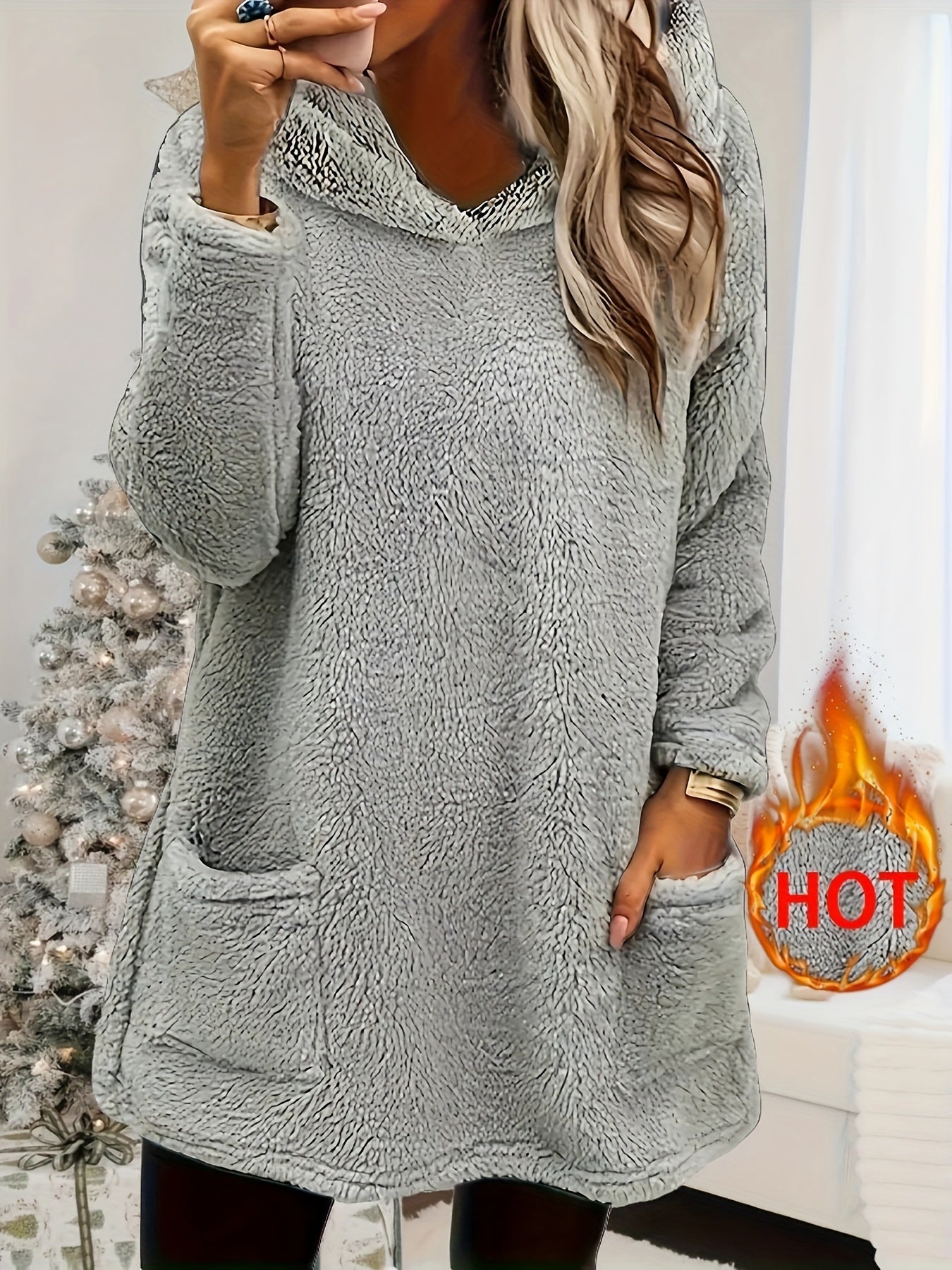 Women's Fleece Hooded Sweatshirt with Pockets – Cozy Casual Lounge Dress Robe for Fall/Winter