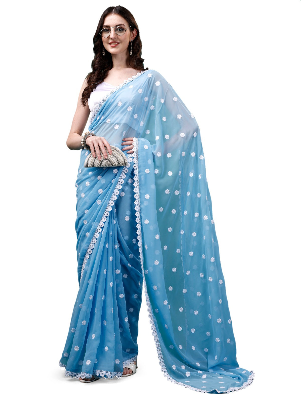 Women's Designer Georgette Saree with Embroidery Lace Border and Unstitched Blouse Piece