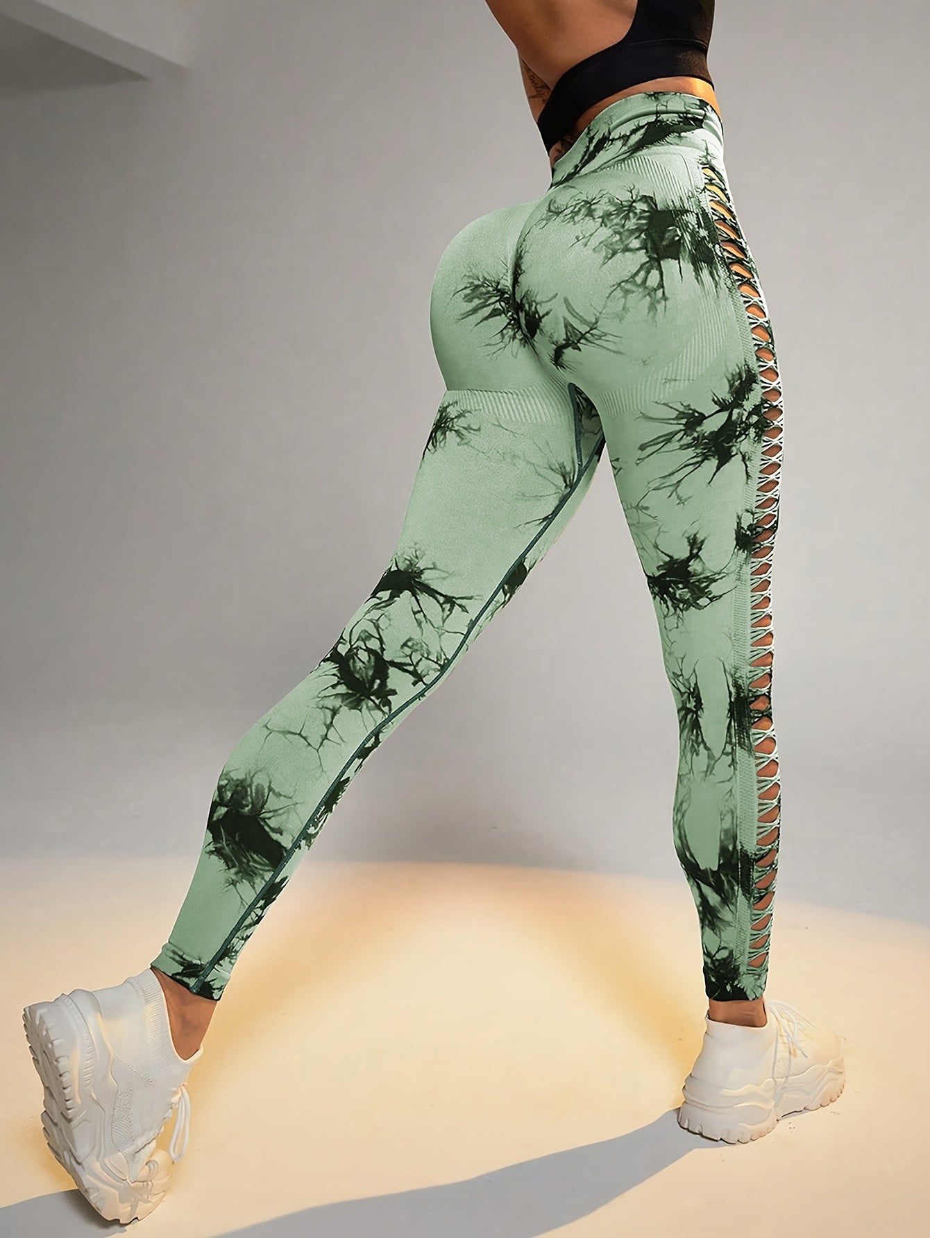 High-Waisted Tie-Dye Cutout Women's Athletic Leggings, Stretchy Breathable Gym Yoga Pants, Running Tights