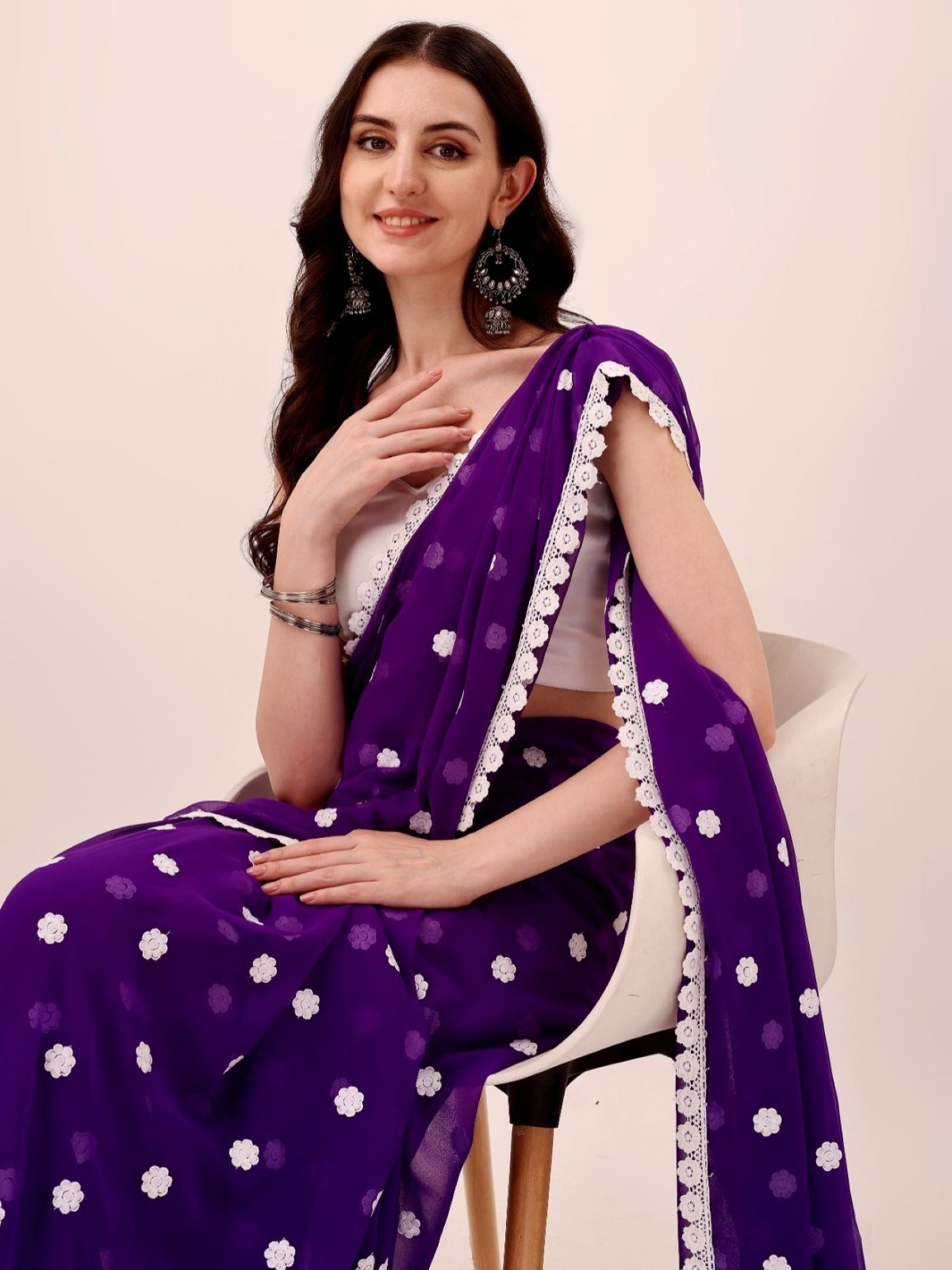 Women's Designer Georgette Saree with Embroidery Lace Border and Unstitched Blouse Piece