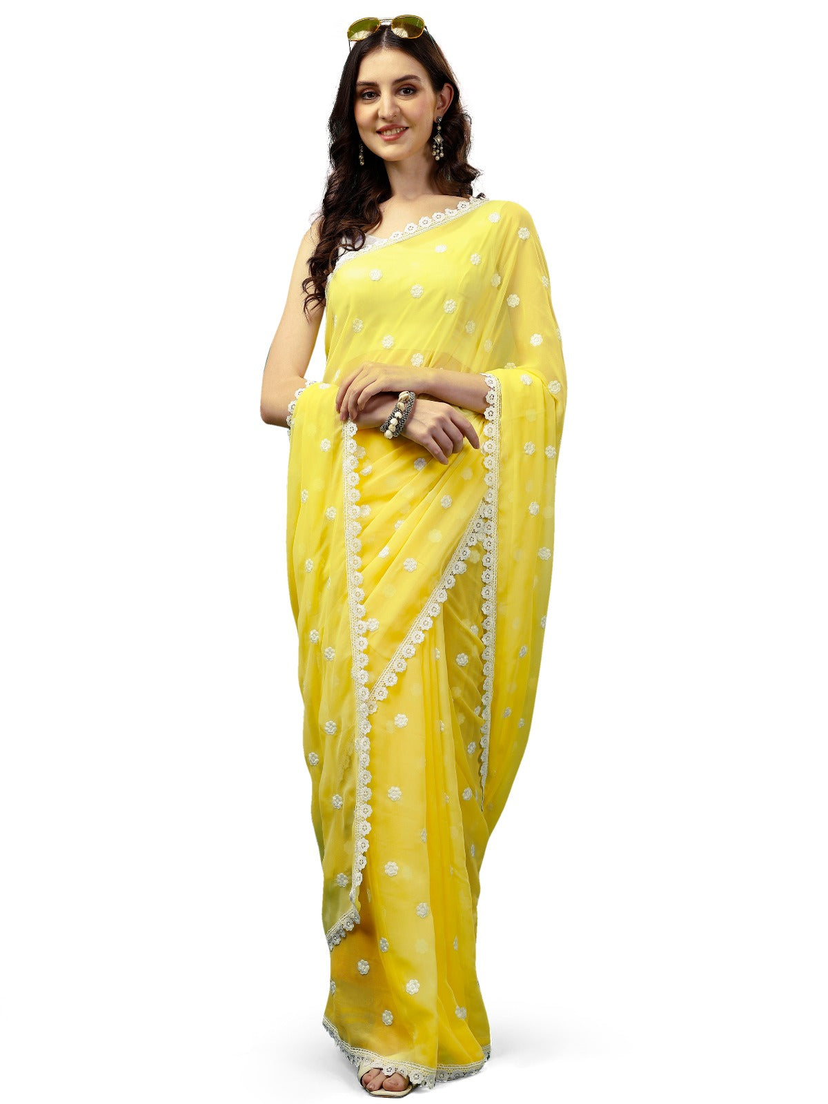 Women's Designer Georgette Saree with Embroidery Lace Border and Unstitched Blouse Piece