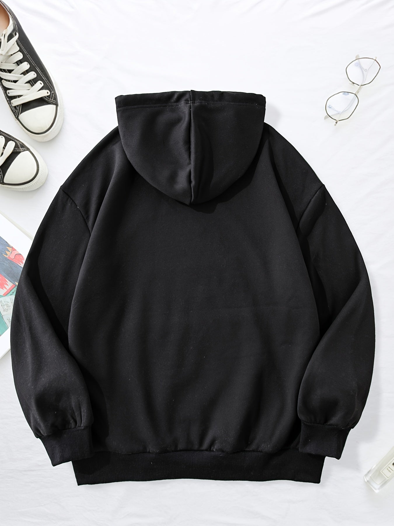 Women's Plus Size Fleece-Lined Hooded Pullover Sweatshirt – Casual Knit with Random Print, Fall/Winter