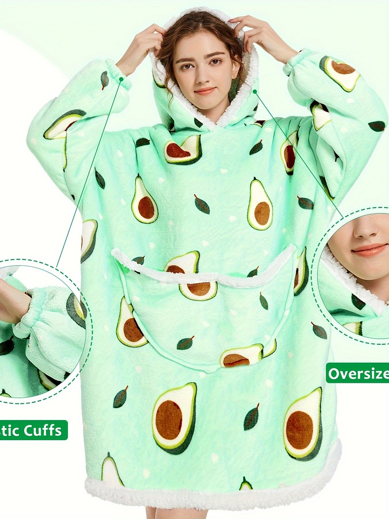 Avocado Pattern Oversized Wearable Blanket Hoodie Sweatshirt – Cozy Fleece Pullover with Large Front Pocket