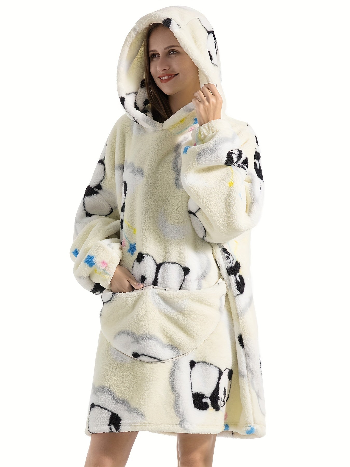 Women's Plus Size Panda Flannel Robe - Oversized Hooded Wearable Blanket, Fleece Lined with Pockets for All-Season Comfort