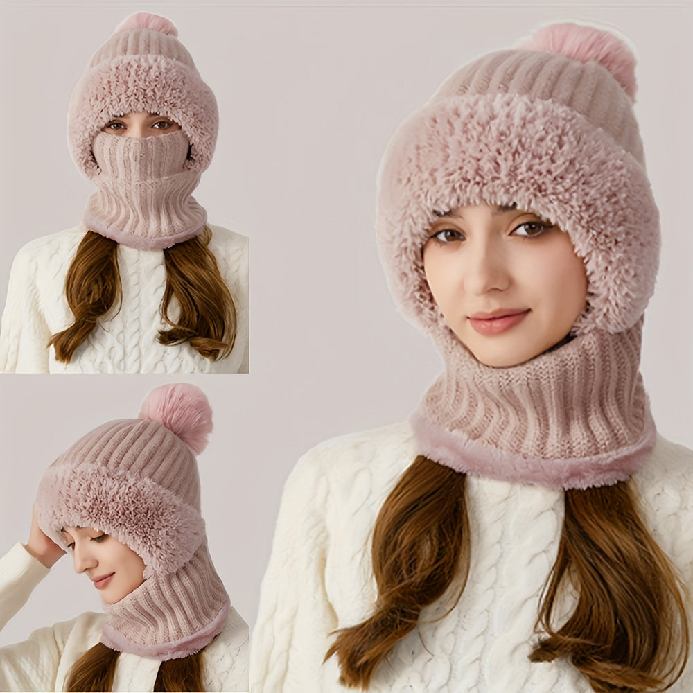 3-in-1 Winter Knit Hat with Lining & Ear Flaps – Windproof Scarf and Mask Set for Cycling