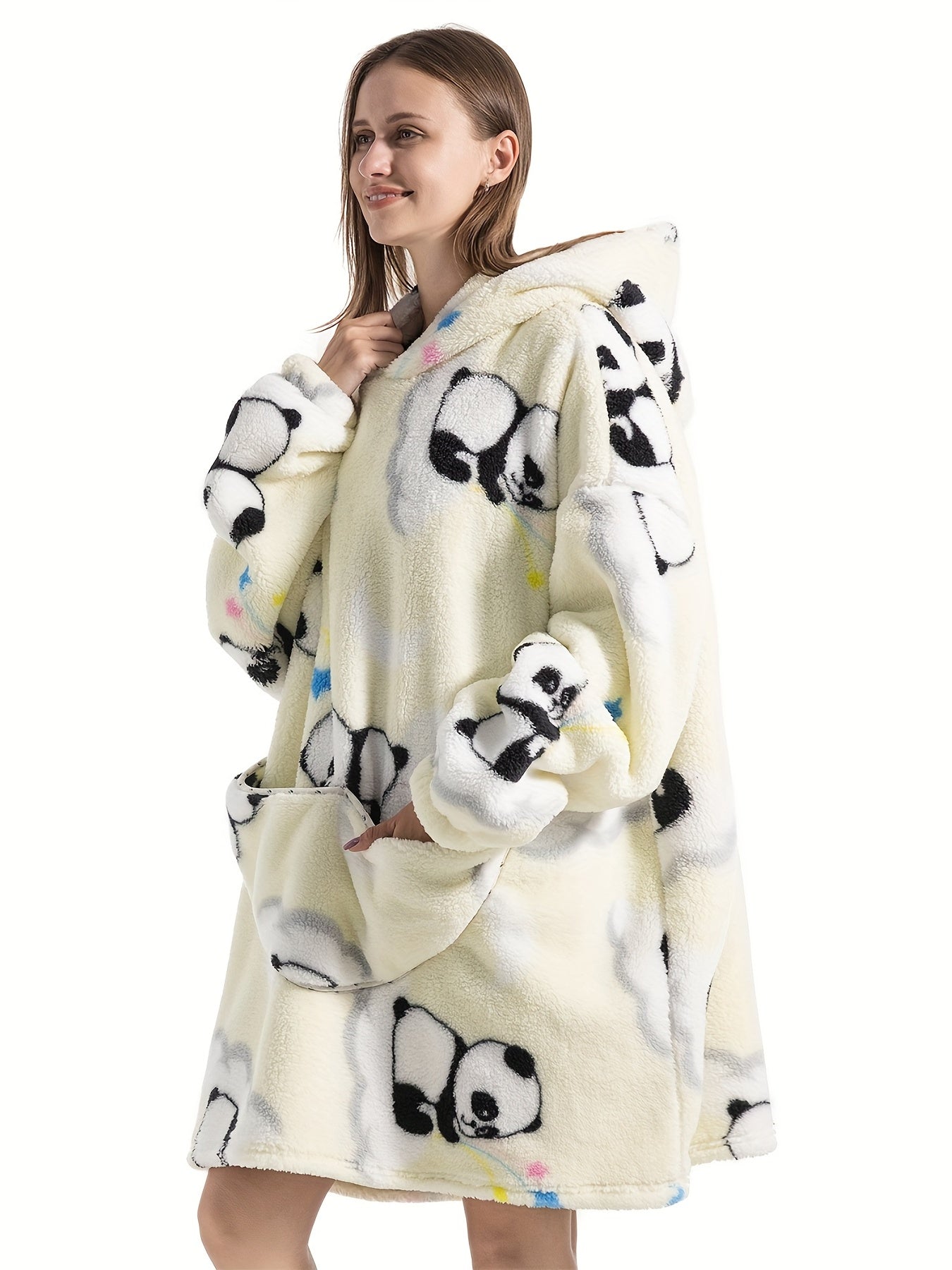 Women's Plus Size Panda Flannel Robe - Oversized Hooded Wearable Blanket, Fleece Lined with Pockets for All-Season Comfort