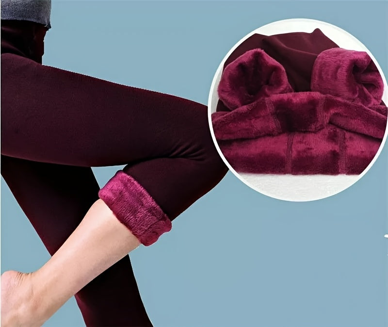 Women's High-Waist Thermal Leggings – Fleece-Lined, Tummy Control, Stretchy Polyester & Spandex Blend, Solid Color