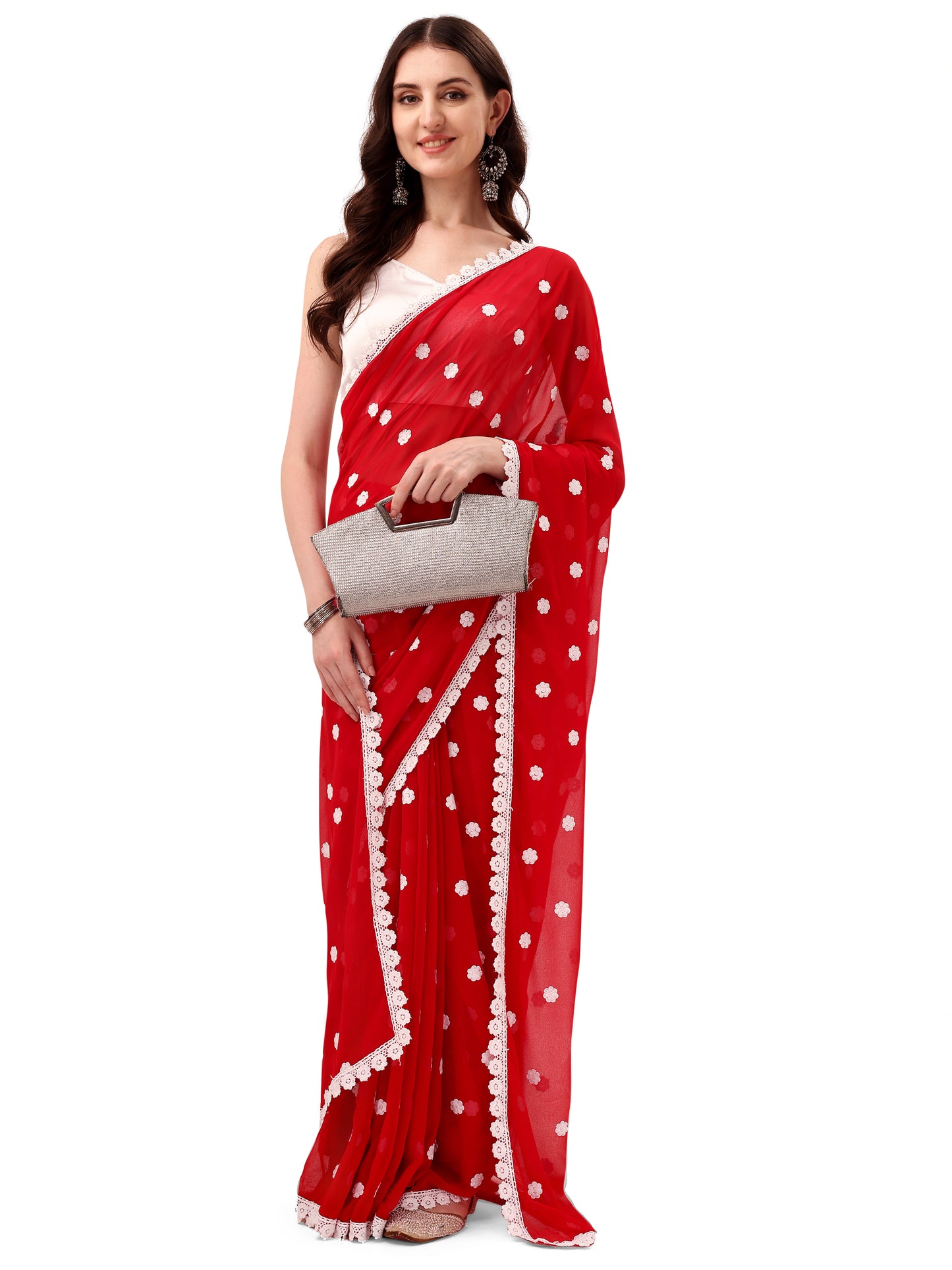 Women's Designer Georgette Saree with Embroidery Lace Border and Unstitched Blouse Piece