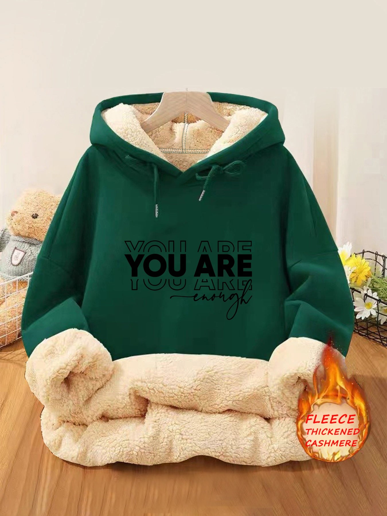 Women's Fleece-Lined Hoodie with Letter Print - Casual Pullover Sweatshirt with Kangaroo Pocket, Perfect for Fall & Winter