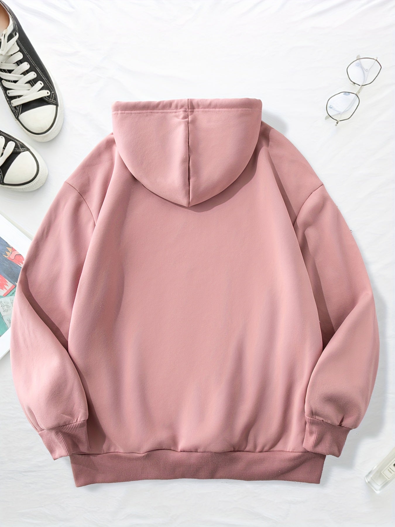 Women's Plus Size Fleece-Lined Hooded Pullover Sweatshirt – Casual Knit with Random Print, Fall/Winter