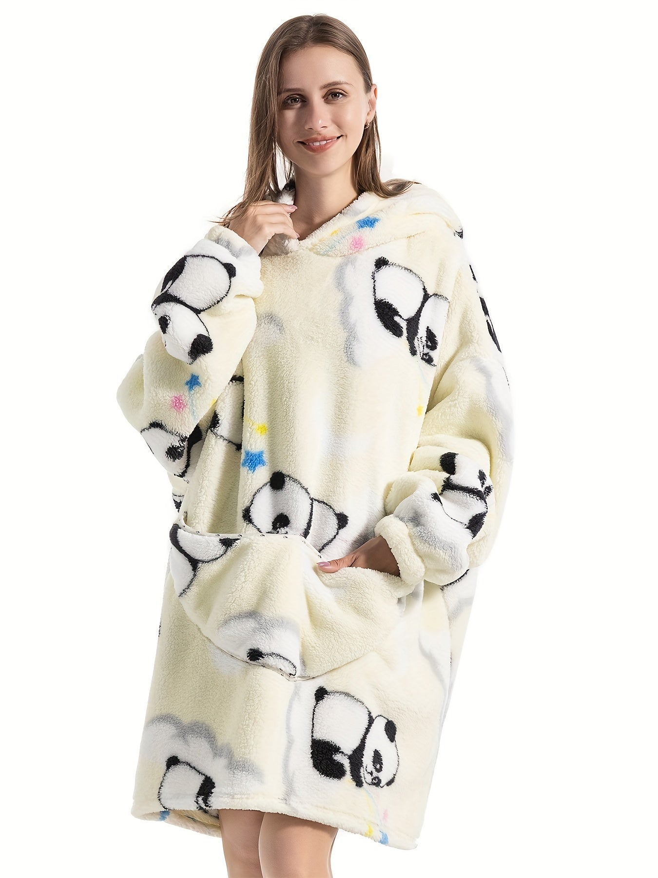 Women's Plus Size Panda Flannel Robe - Oversized Hooded Wearable Blanket, Fleece Lined with Pockets for All-Season Comfort