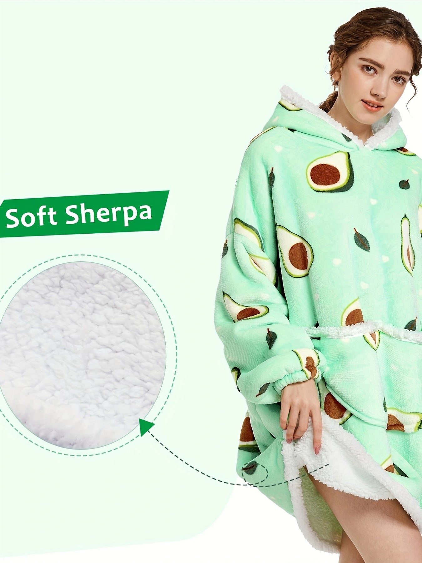 Avocado Pattern Oversized Wearable Blanket Hoodie Sweatshirt – Cozy Fleece Pullover with Large Front Pocket