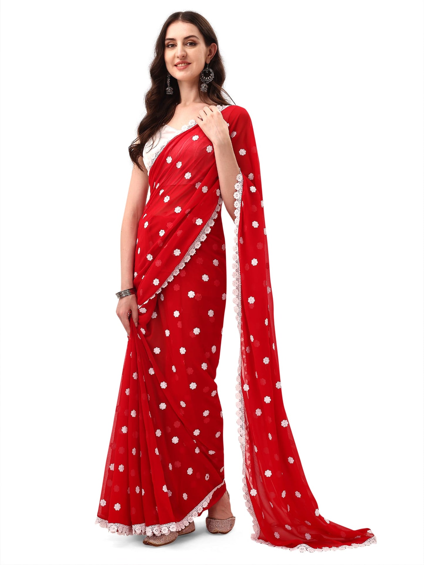 Women's Designer Georgette Saree with Embroidery Lace Border and Unstitched Blouse Piece