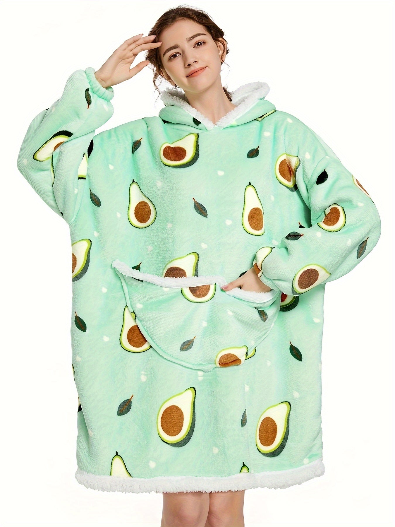 Avocado Pattern Oversized Wearable Blanket Hoodie Sweatshirt – Cozy Fleece Pullover with Large Front Pocket